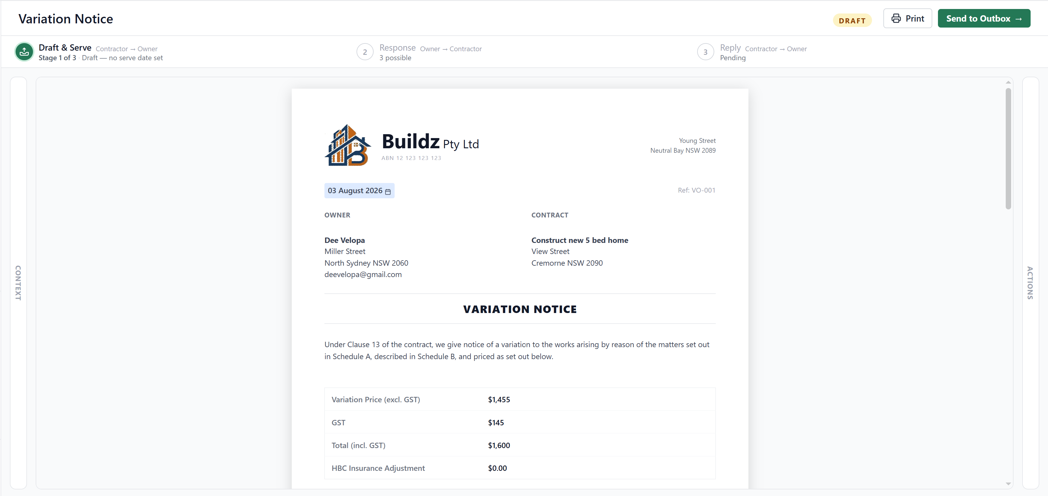 A Variation Notice in eSiteOffice: a three-stage bar reading Draft & Serve, Response, Reply across the top, and beneath it the drafted notice on the builder&rsquo;s letterhead citing Clause 13, with the variation priced at $1,455 plus $145 GST.